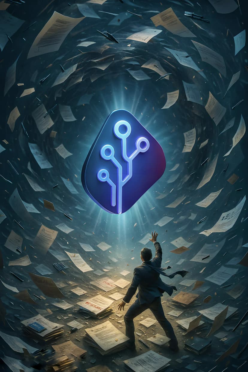 A person reaching for a glowing symbol amidst a storm of papers, representing our mission to bring clarity to chaos.